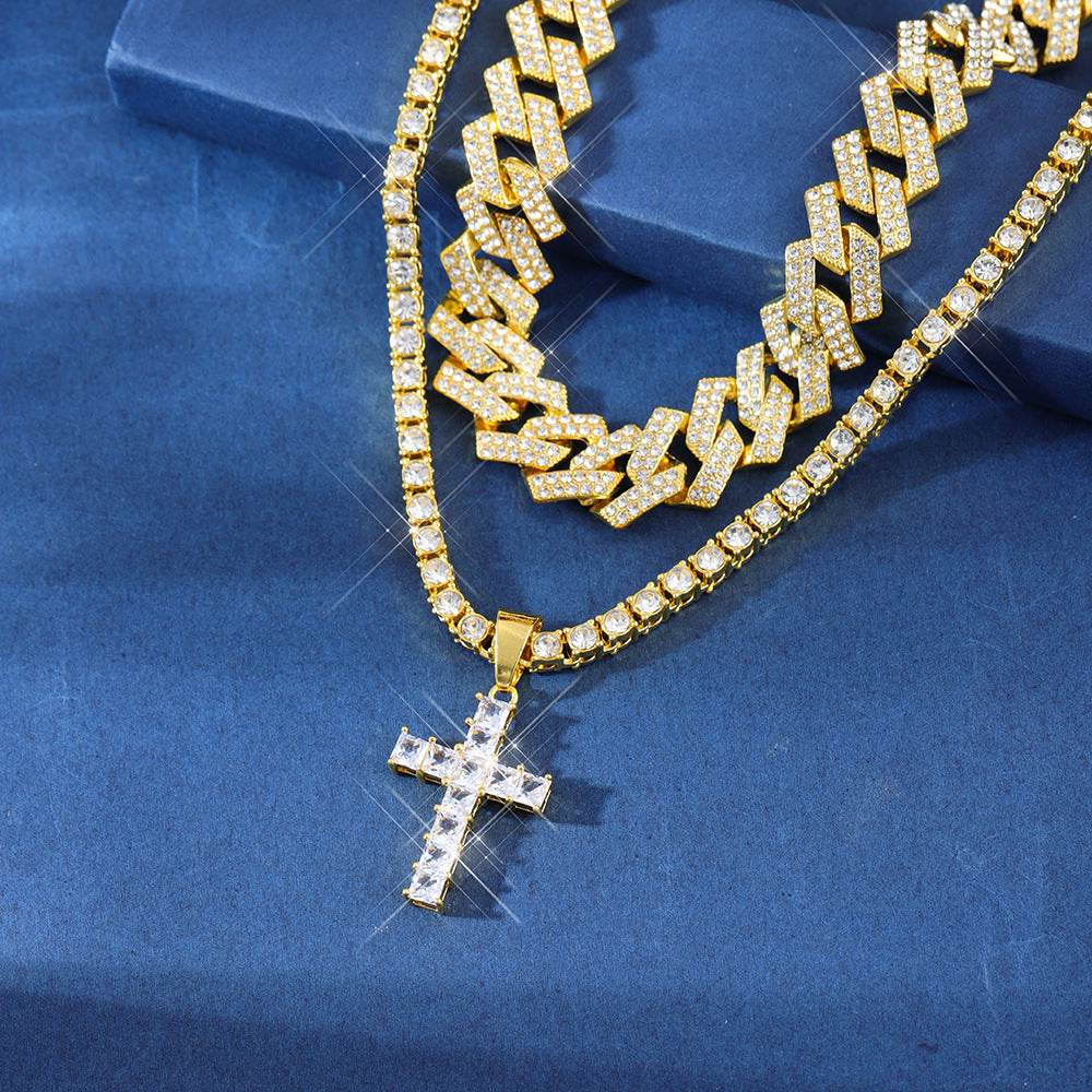 Zircon Cross Pendant Necklace Hip Hop Full Miami Curb Cuban Chain Iced Out Paved Rhinestones Bling Rapper Necklaces For Men Men's And Women's Clavicle Chain Jewelry - Velora