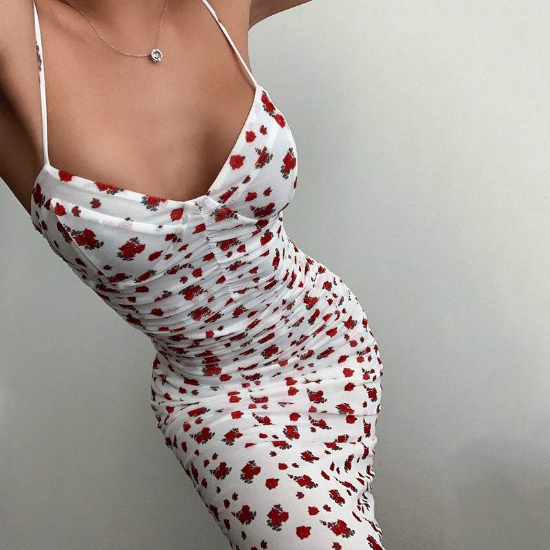 Deep V Sexy Floral Print Bag Hip Skirt - Velora