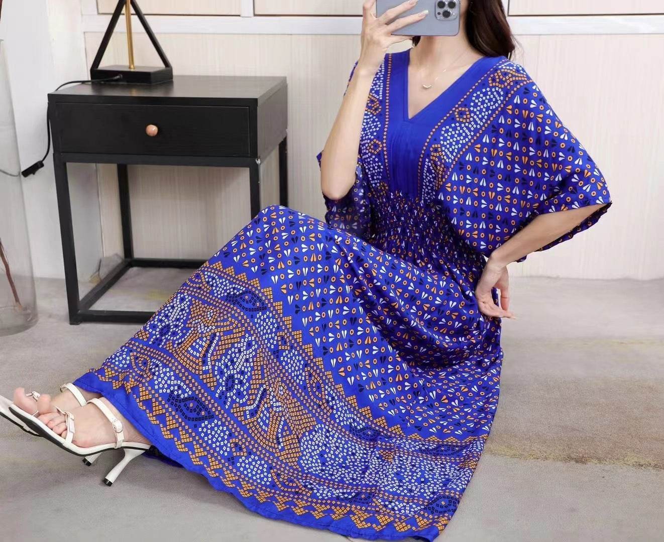 Cotton Silk Floral Dress Women's Summer Ethnic Style V-neck Short Sleeve Pastoral Style Skirt - Velora