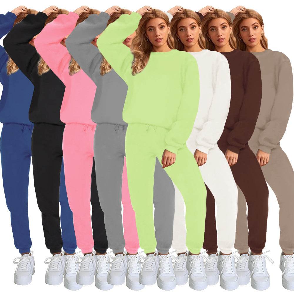 Women's Solid Color Round Neck Pullover Sweatshirt Pants - Velora