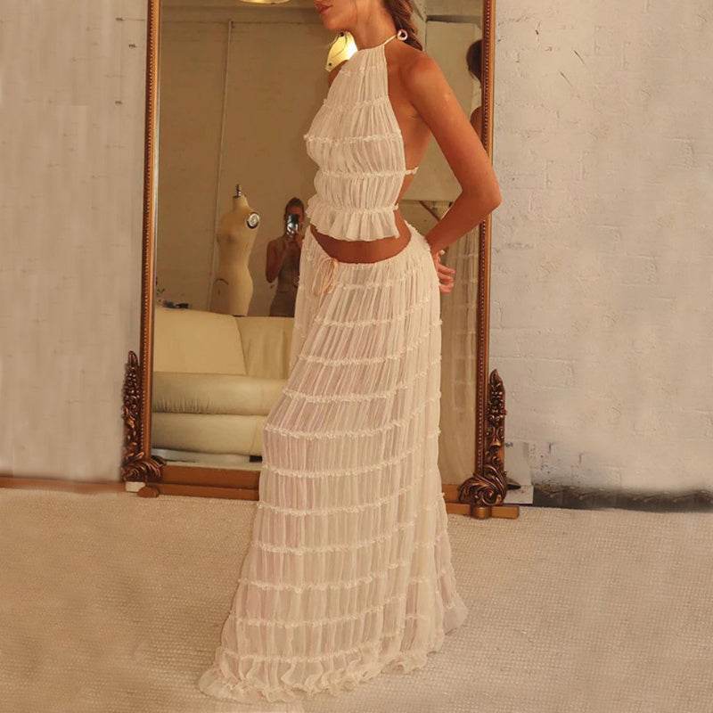 2pcs Women's Dress Suit Sexy Sleeveless Backless Cropped Halter Top And Pleated Long Dress - Velora