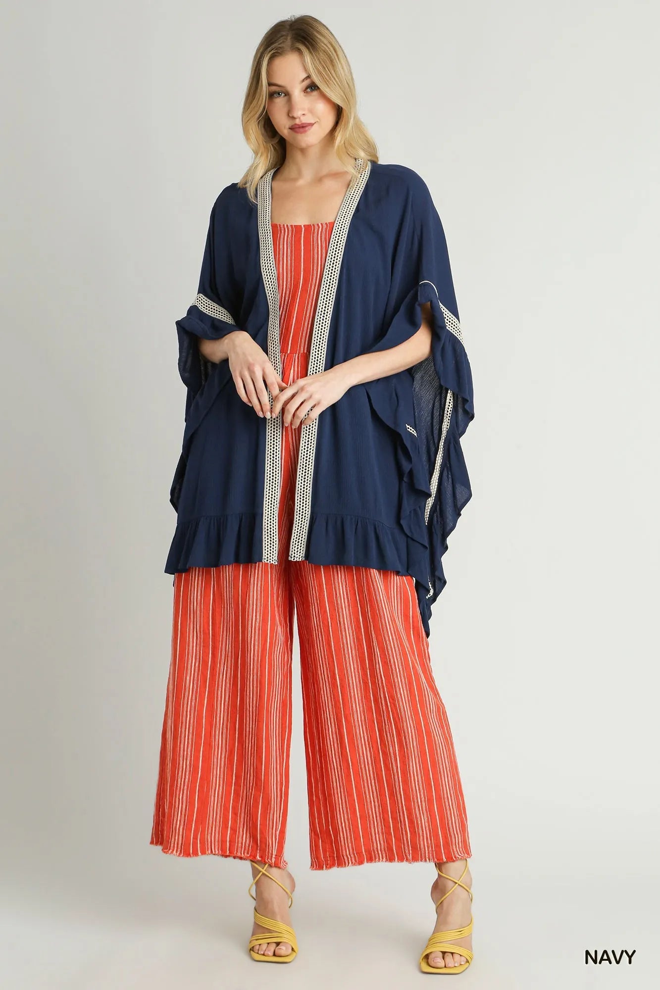 Umgee Ruffle Trim Kimono with Crochet Accent - Velora