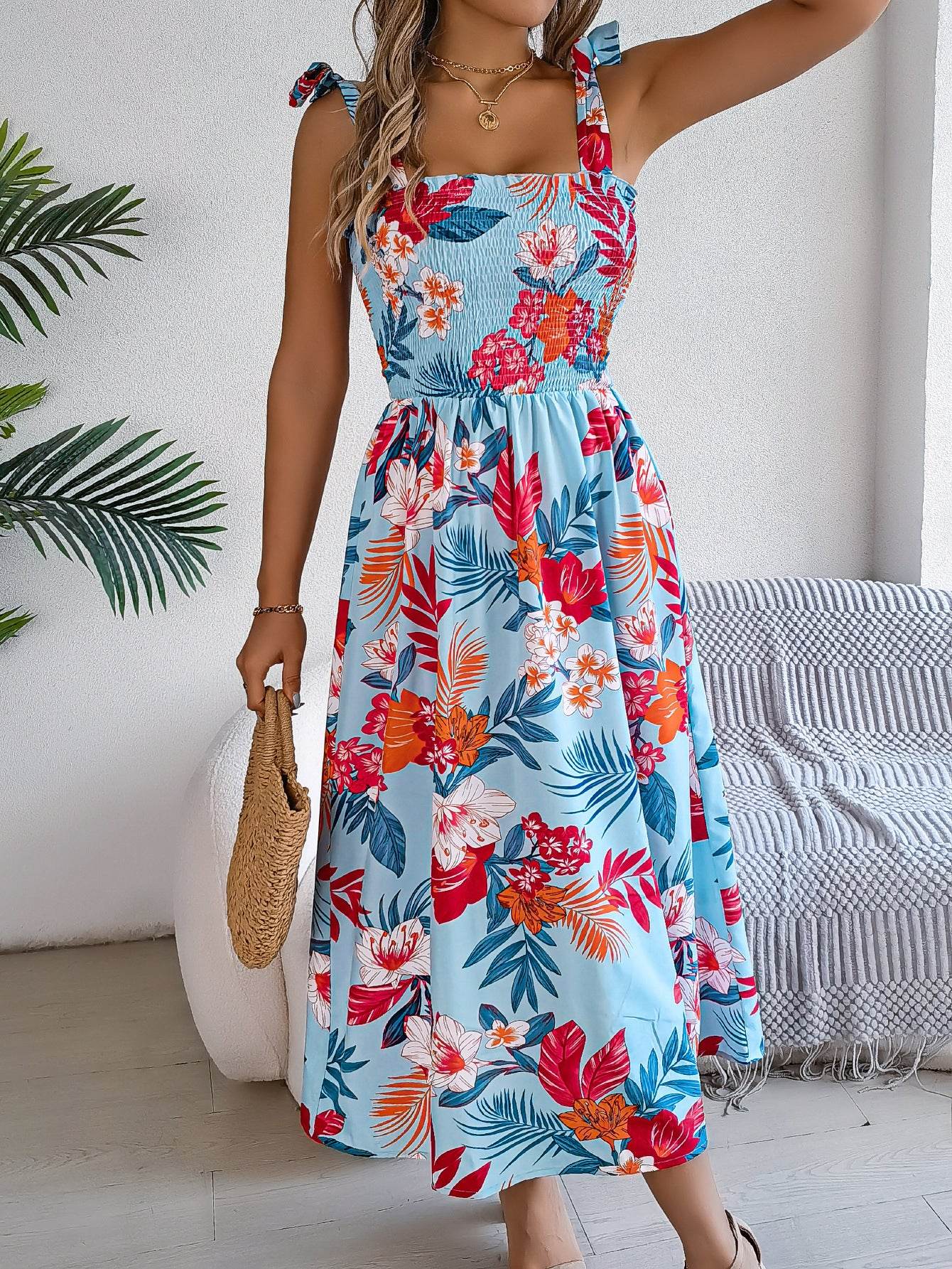 Flowers Print Suspender Corset Dress Ins Fashion Holiday Beach Long Dresses Summer Clothing For Women - Velora