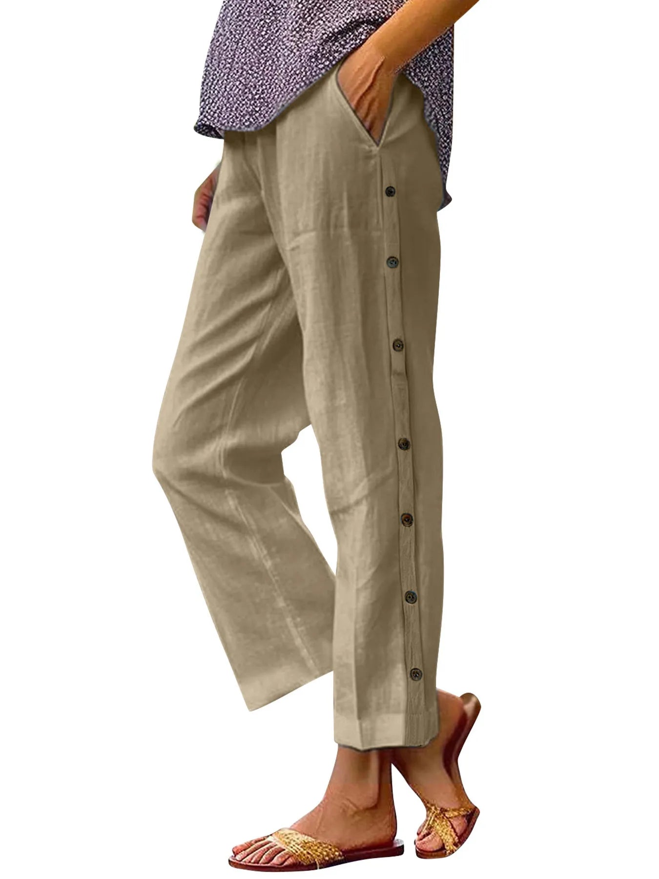 Full Size Side Decor Button Casual Wide Leg Pants Plus Size - Velora