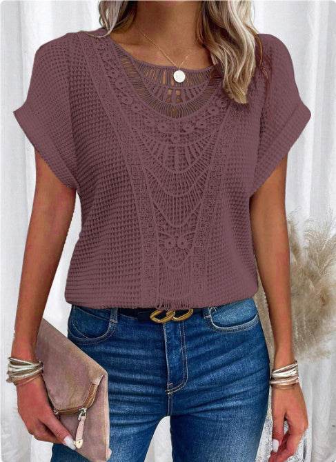 Summer Hollow Out Short-sleeved T-shirt Women's Clothing - Velora