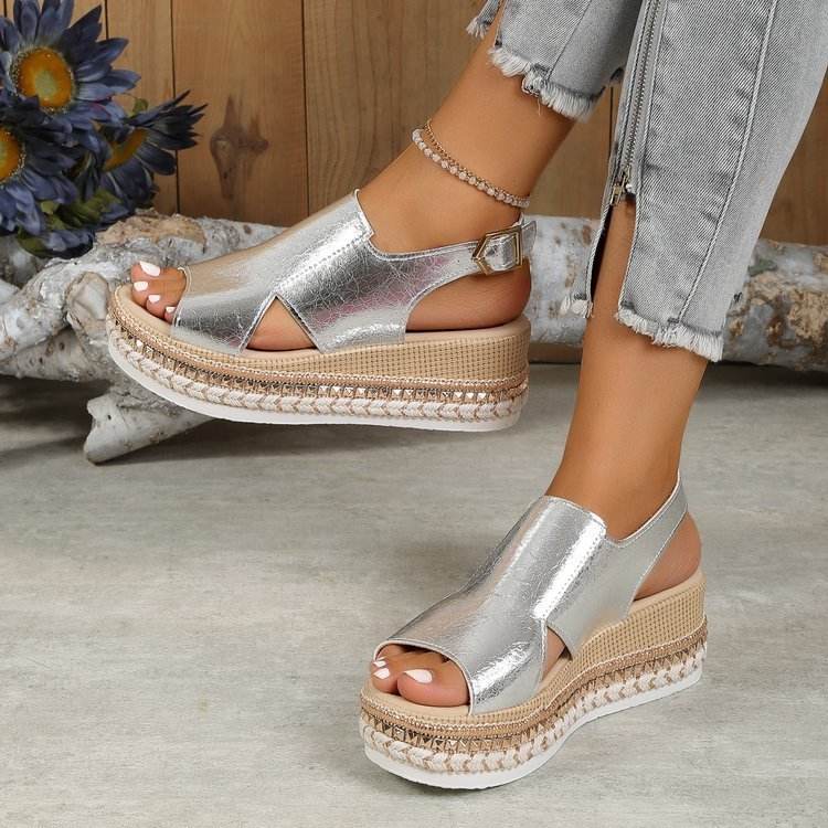 Summer Shiny Sandals Hollow Design Fish Mouth Sandal For Women Fashion Buckle Wedges Shoes - Velora