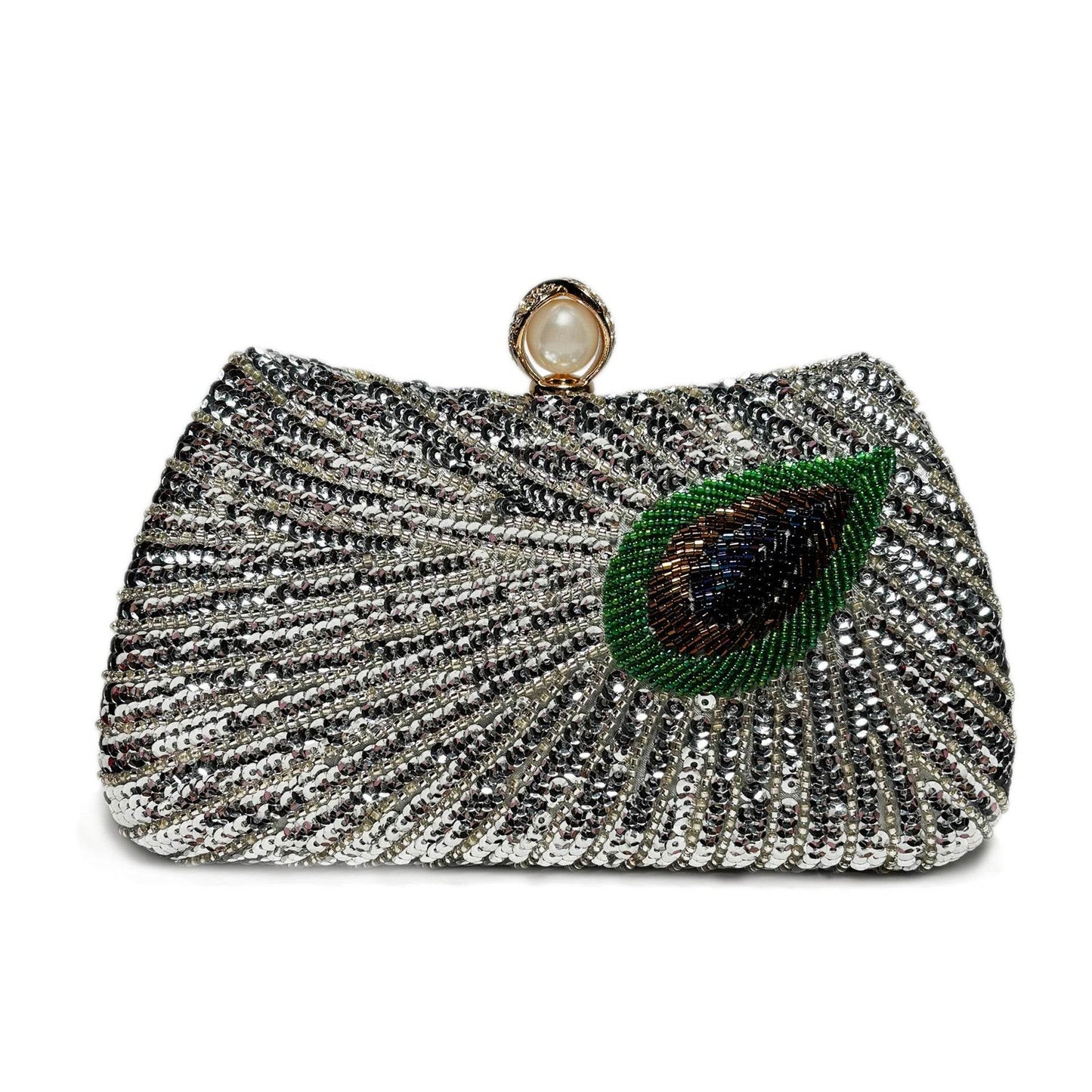 Beaded Peacock Feather Large Pearl Rhinestone Large Capacity Crossbody Shoulder Bag - Velora