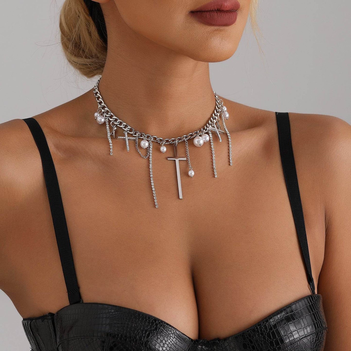 Cross Tassel Pearl Collarbone Chain Jewelry Cool Spicy Girl Necklace Fashion Jewelry - Velora