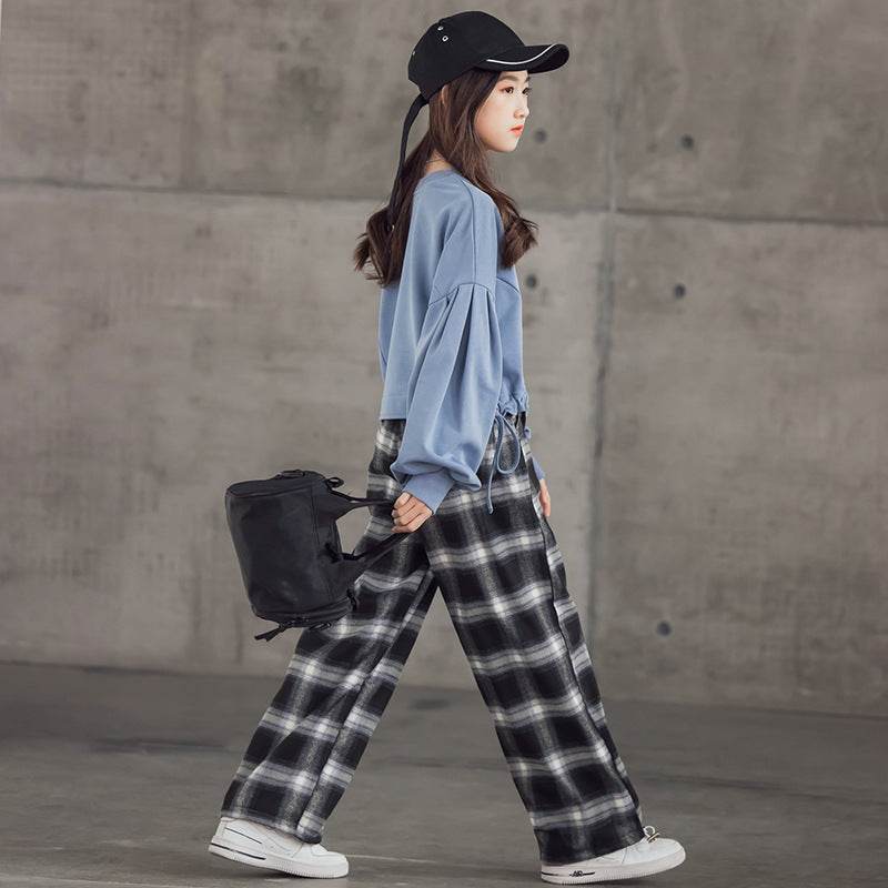 Girls' Suits Western Style Korean Children's Clothing Trendy Plaid Trousers Big Kids - Velora