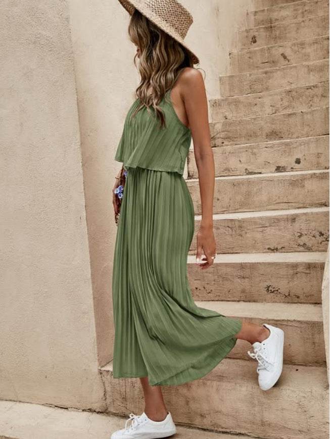Women's Summer Solid Color Vacation Loose Suit Strap Backless Thin Romper Streetwear INS One-Piece Outfit Beach Style Striped Wide Leg Trousers Casual Suit - Velora