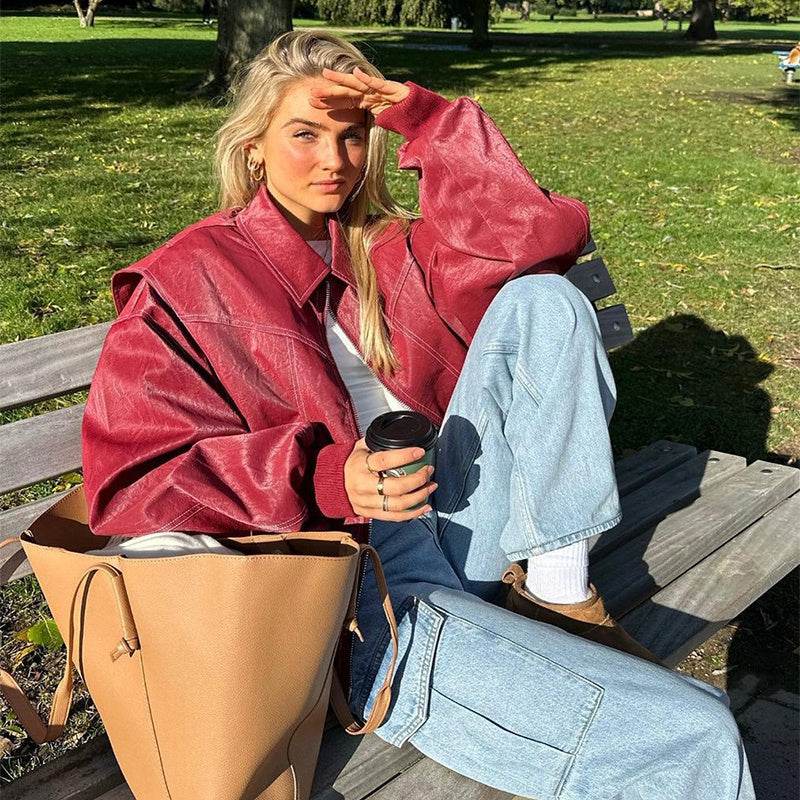 Loose Fashion Lapel Zip-up Jacket Cool Long Sleeve Zipper Closure Moto Biker Leather Jacket Womens Clothing - Velora