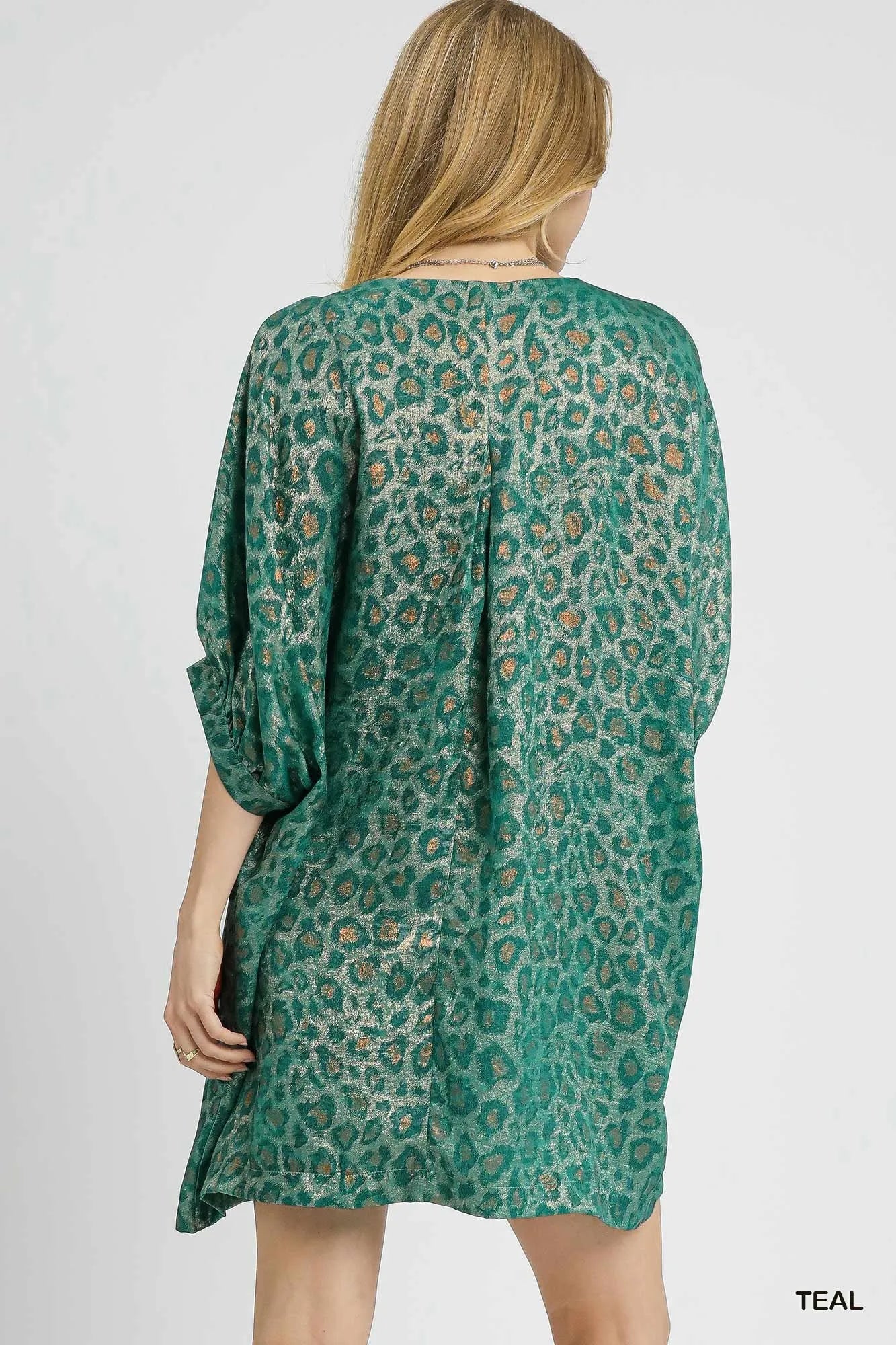 Umgee Metallic Leopard Print V-Neck Kimono Dress - Velora