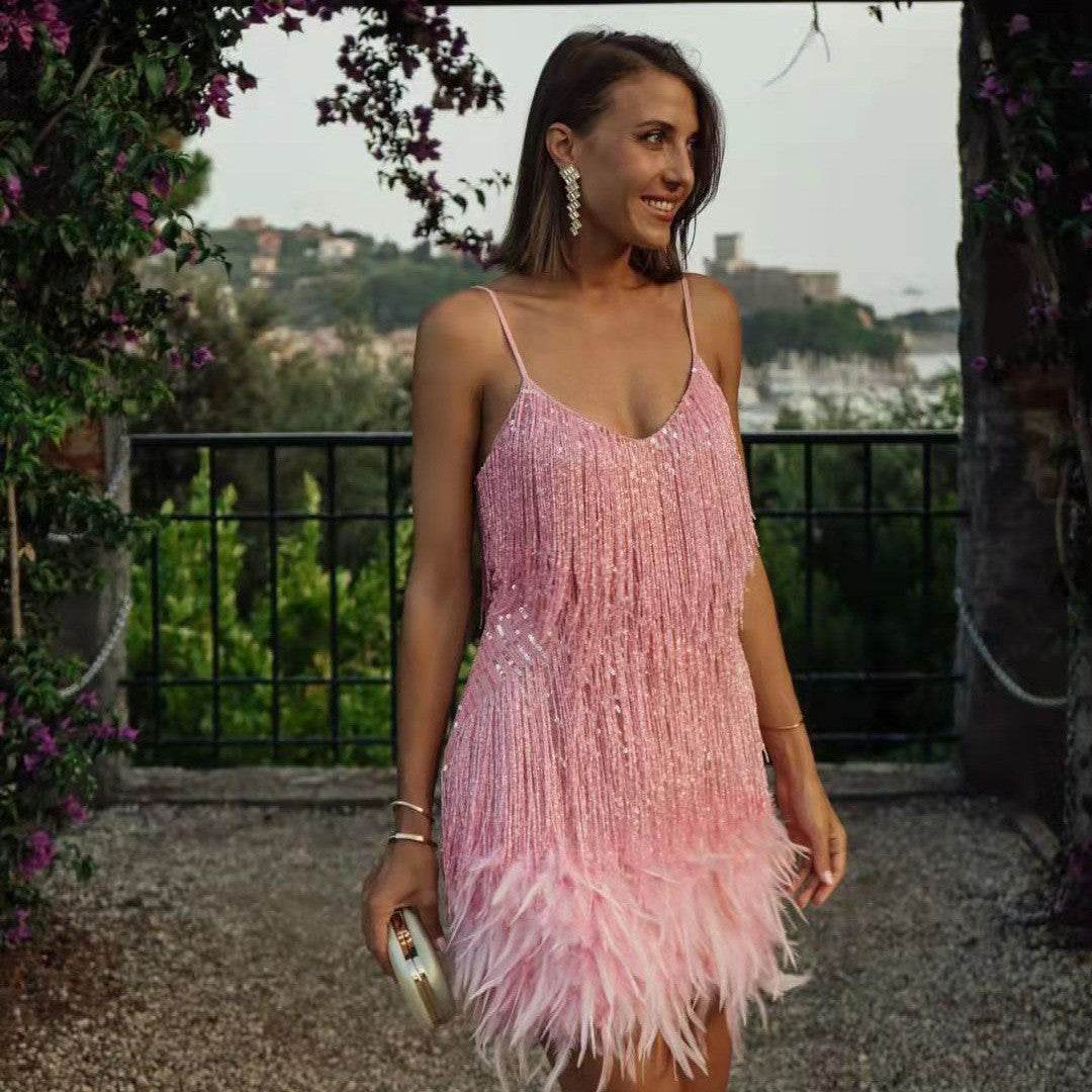 Sexy Tassel Sequins Feather Summer Mini Dress Women V Neck Spaghetti Strap Stitching Dresses Female Elegant Evening Party Club Dress - Velora