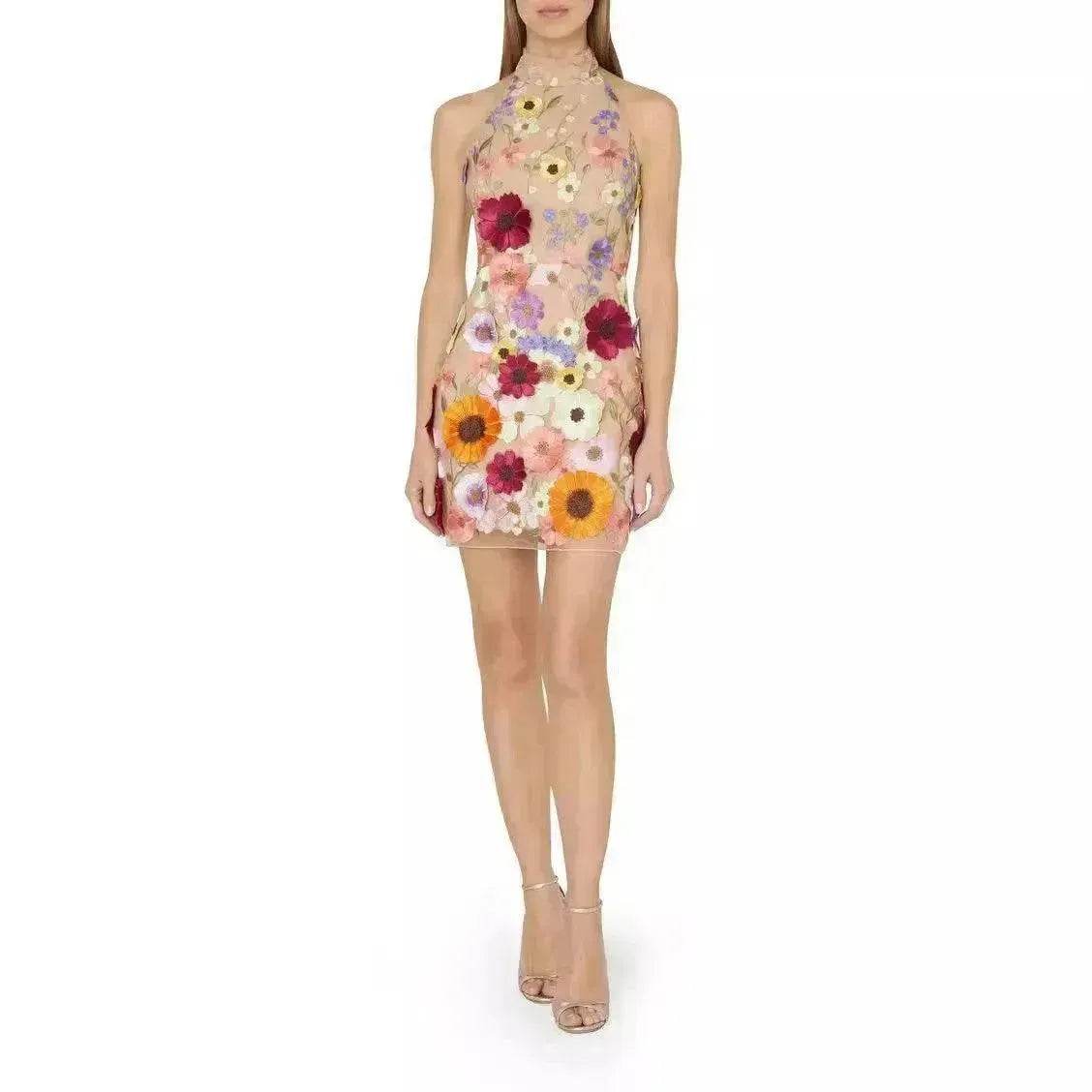 European And American Embroidery Three-dimensional Flower Halter Slim Fit Dress - Velora