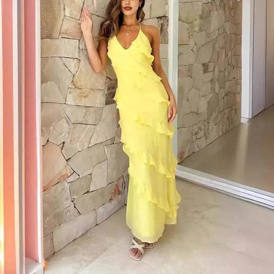 European And American Multi-layer Wooden Ear Backless Halter Party Long Dress