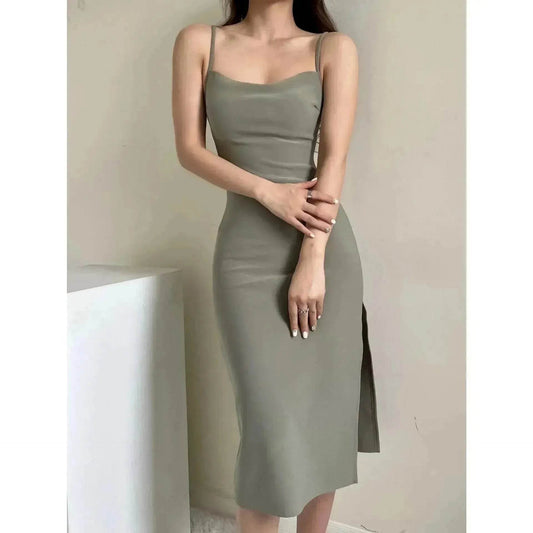 European And American Style Sold Color Sleeveless Midi Suspender Split Dress