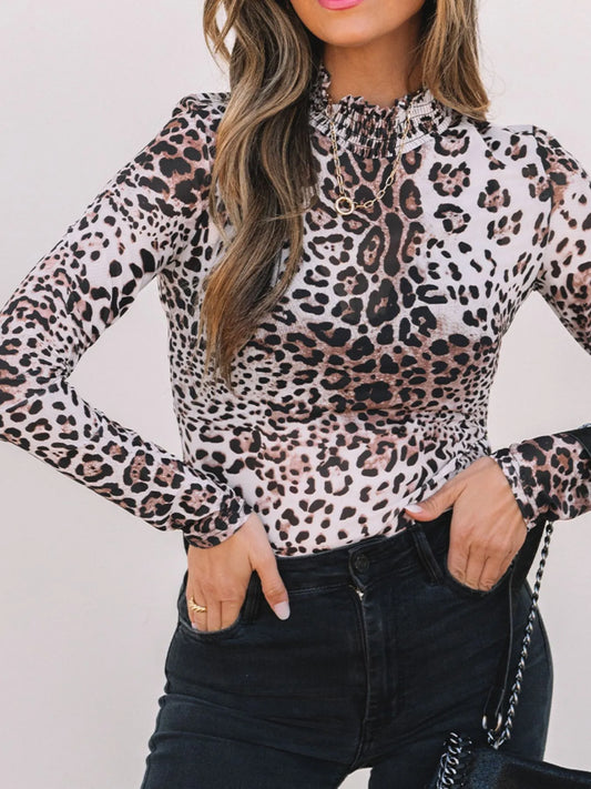 Leopard Print Long Sleeve Mock Neck Bodysuit - Velora
