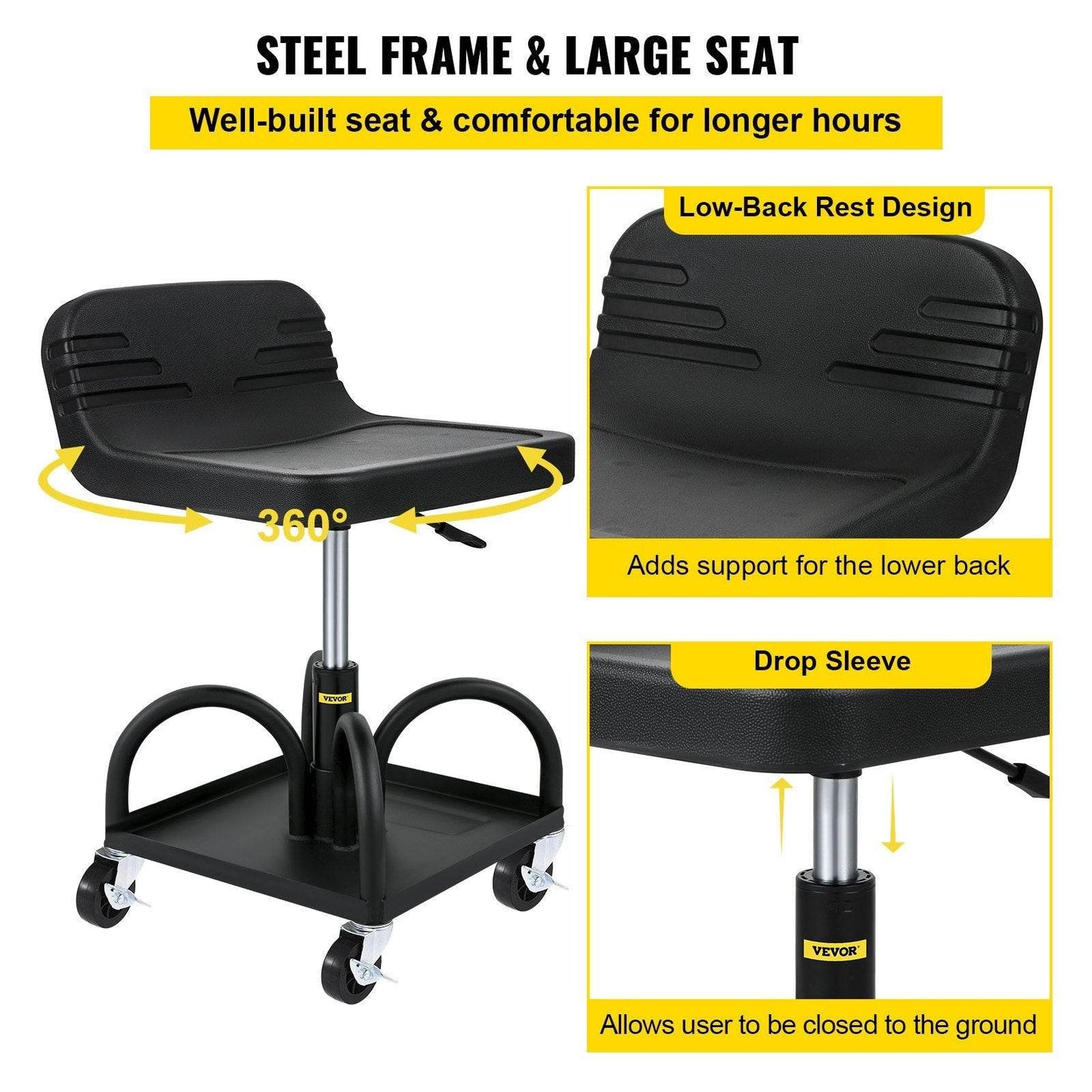Rolling Garage Stool, 300LBS Capacity, Adjustable Height From 15.7 In To 20.5 In, Mechanic Seat With 360-degree Swivel Wheels And Tool Tray, For Workshop, Auto Repair Shop, Black - Velora