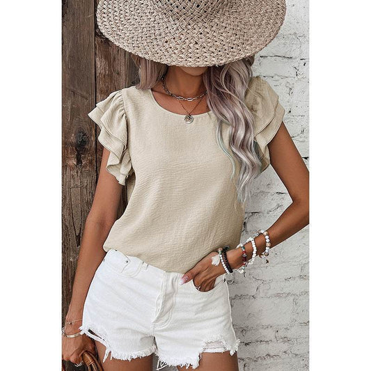 Summer Solid Color Petal Sleeve Pullover Women - Velora