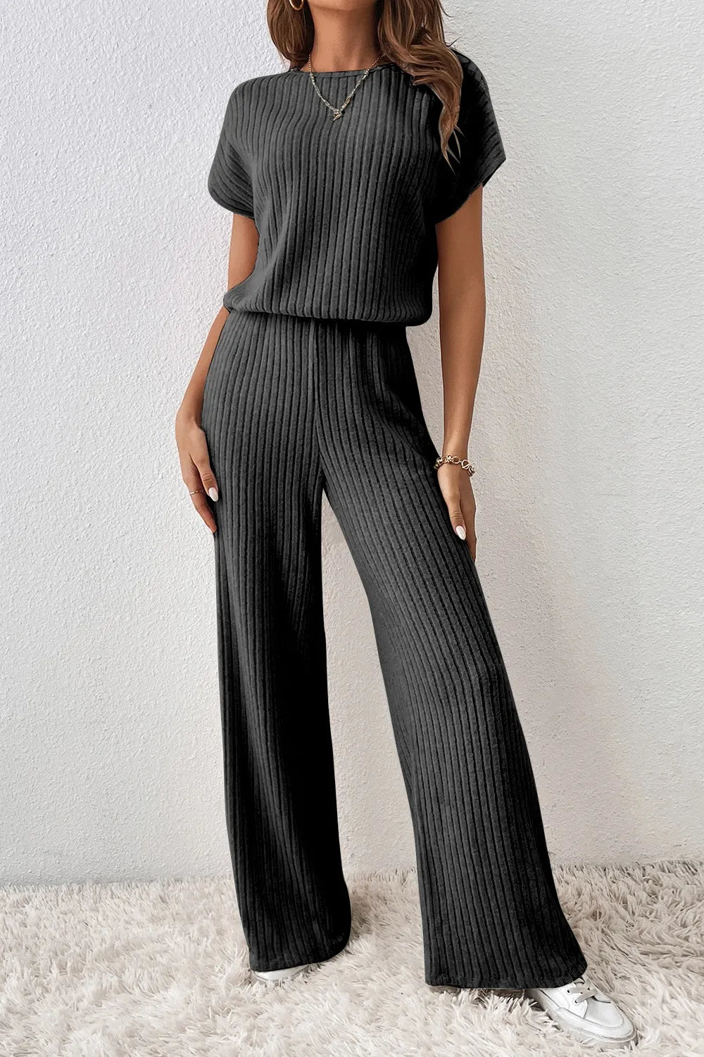 Ribbed Short Sleeve Wide Leg Jumpsuit - Velora