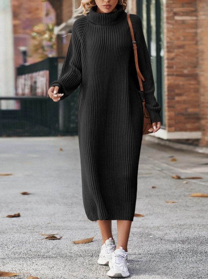 Winter Turtleneck Knitted Sweater Dress Fashion Solid Loose Pullover Long Dresses For Women Clothing - Velora