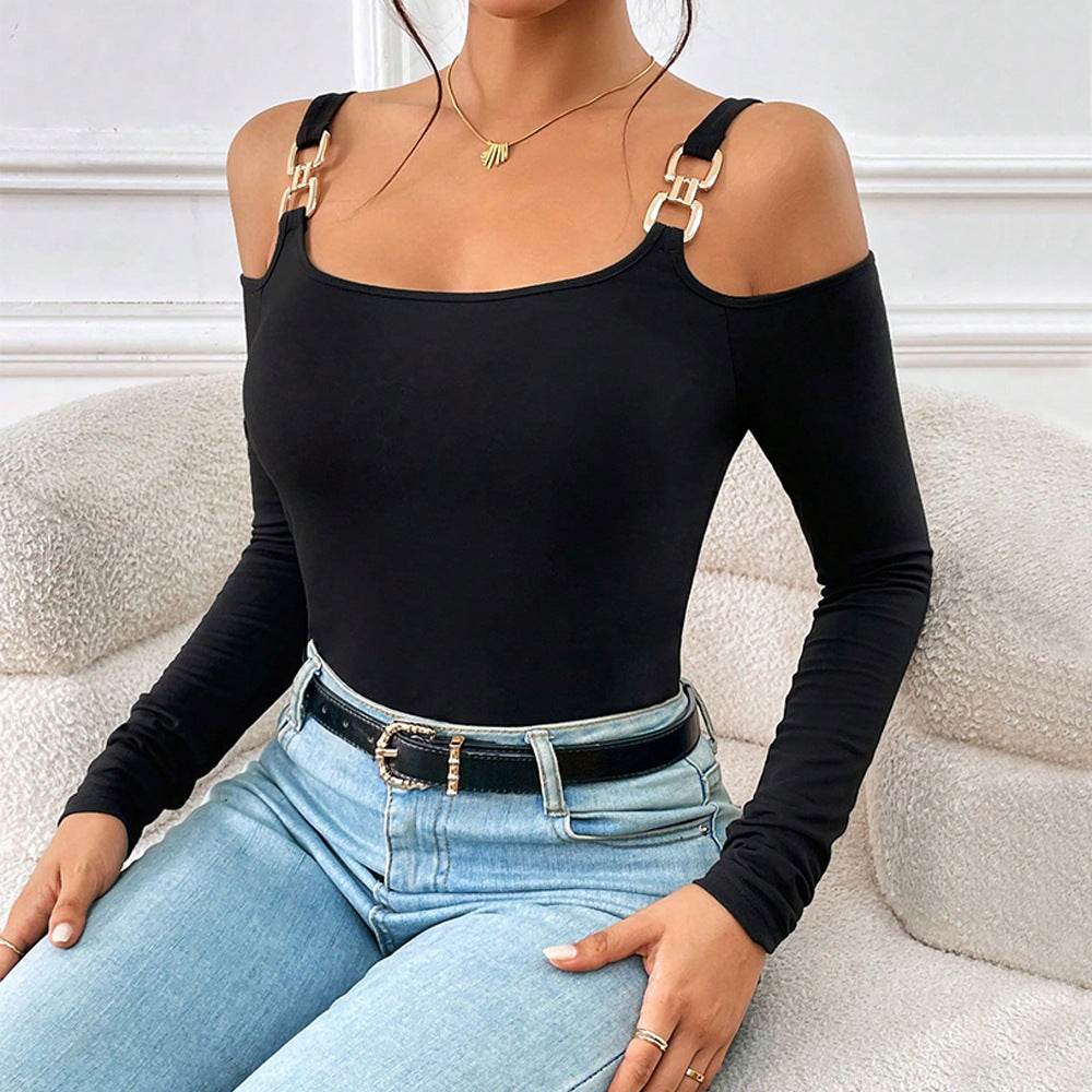Women's Spring And Summer Fashion Simple Suspender Off-Shoulder Metal Hook Long-Sleeved Sexy Top - Velora