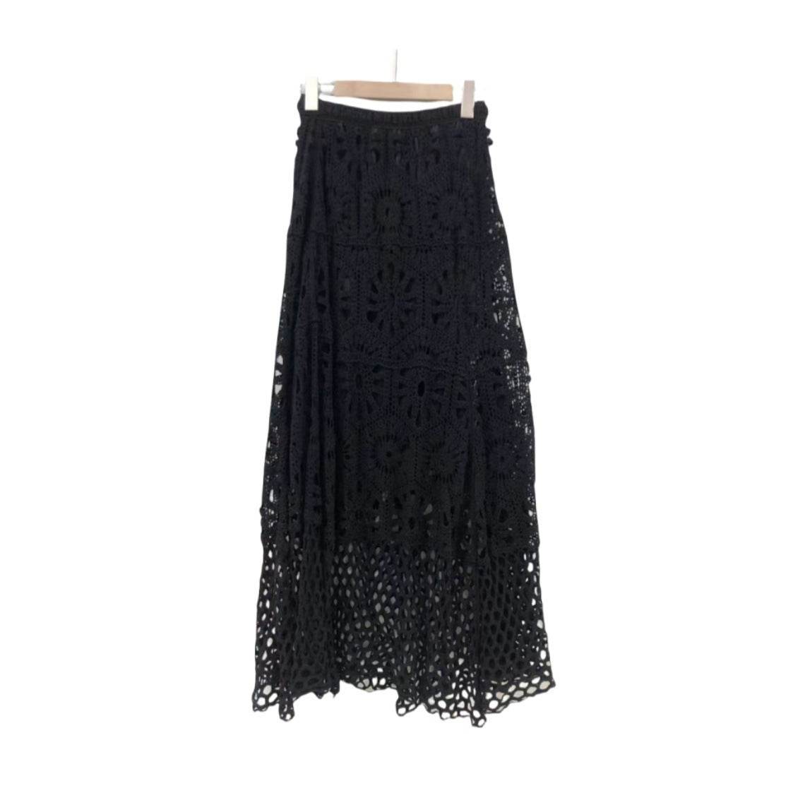 Spring Summer Crochet Lace Patchwork A- Line Beach Skirt Holiday Style Hollow-out flared flowy Maxi Skirt - Velora