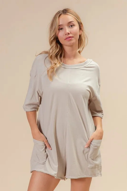 BiBi Short Sleeve Back Open Washed Romper - Velora