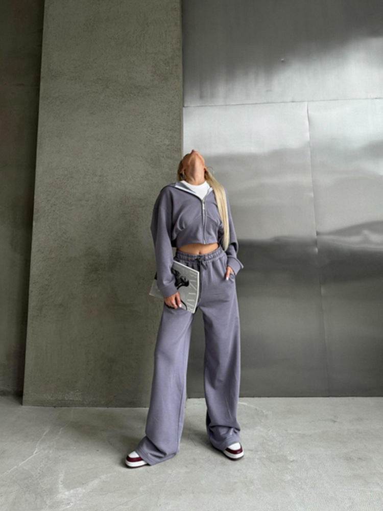 Long Sleeve Zipper Hooded Sweater Solid Color Laced Pants Two-piece Set - Velora