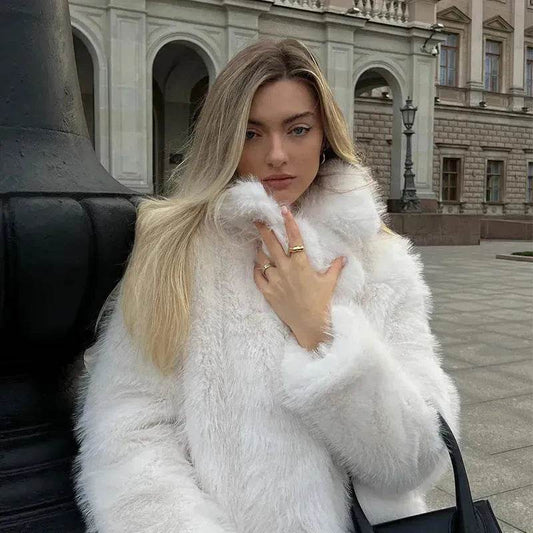 Classy Fashionable Winter Plain Huge Faux Fur Coat for Ladies - Velora