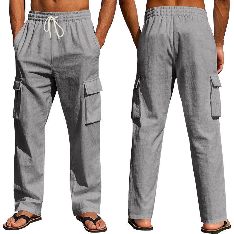 Men's Workwear Multi-pocket Straight Linen Pants Linen Four Seasons Thin Breathable Cargo Pants, Multi-pocket Loose Casual Trendy Wide-leg Pants - Velora