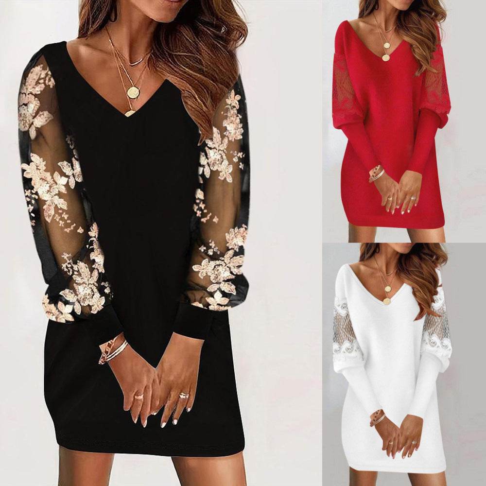 Long-sleeved V-neck Dress Spring And Autumn New Style Lace Splicing Dress For Womens Clothing - Velora