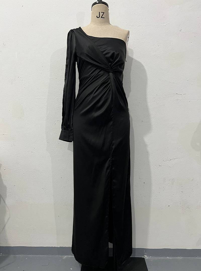 Women's One-shoulder Split Dress Ins Fashion Long-sleeved Slim Long Dresses Party Evening Clothing - Velora