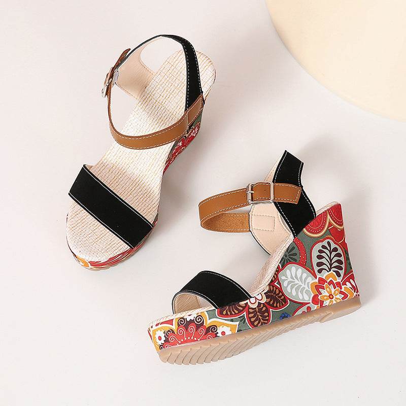 Fashion Flowers Embroidered High Wedge Sandals For Women Summer Toe Platform Buckle Shoes - Velora