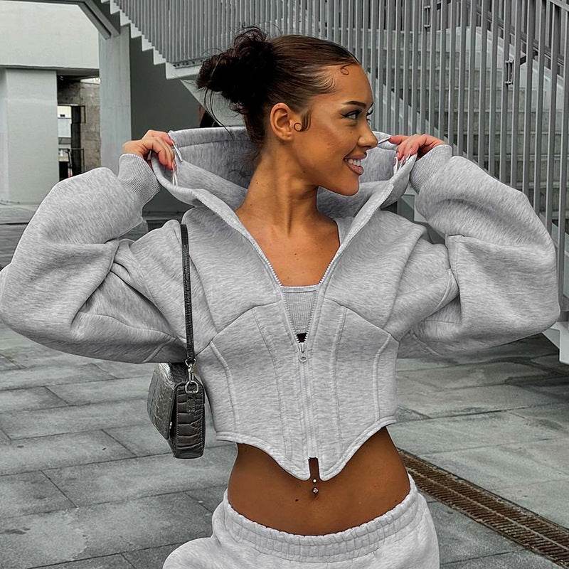 Zipper Hoodie Cardigan Y2K Ins Fashion Street Long Sleeve Corset Jacket Women Clothing - Velora