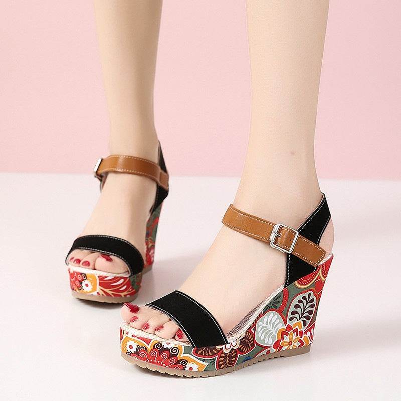 Fashion Flowers Embroidered High Wedge Sandals For Women Summer Toe Platform Buckle Shoes - Velora