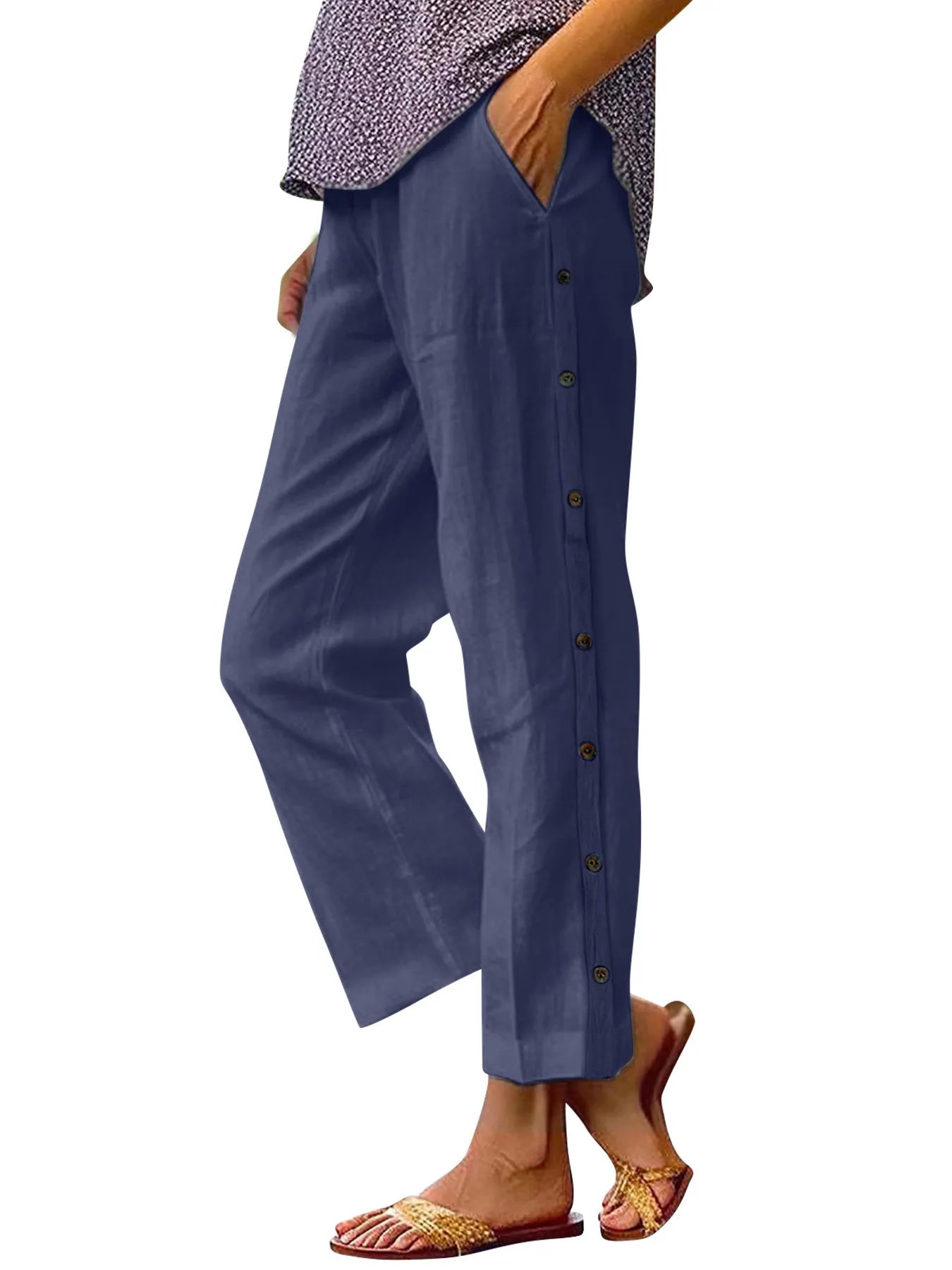 Full Size Side Decor Button Casual Wide Leg Pants Plus Size - Velora