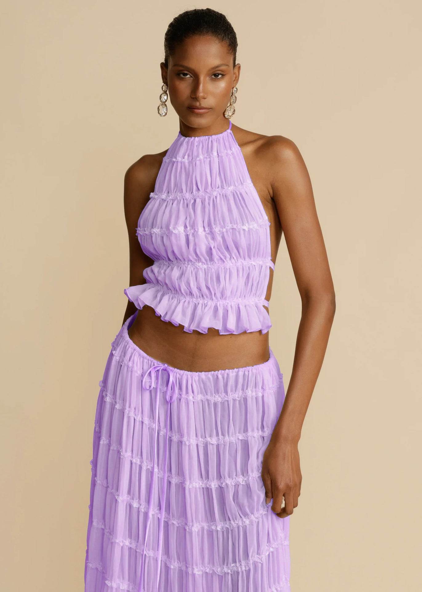 2pcs Women's Dress Suit Sexy Sleeveless Backless Cropped Halter Top And Pleated Long Dress - Velora