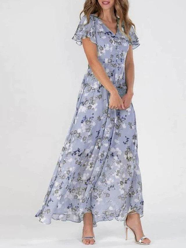 Flowers Print Short Sleeve Dress Summer Fashion Ruffle Beach Dresses Women's Clothing - Velora