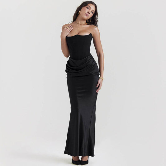 Fishbone Bandeau Slim-fit Backless Autumn And Winter Velvet Dress Black Evening Gown - Velora