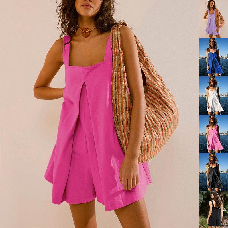 Solid Color Loose Square Collar Jumpsuit Summer Fashion Shorts Sweet Suspender Skirt Pants For Womens Clothing - Velora