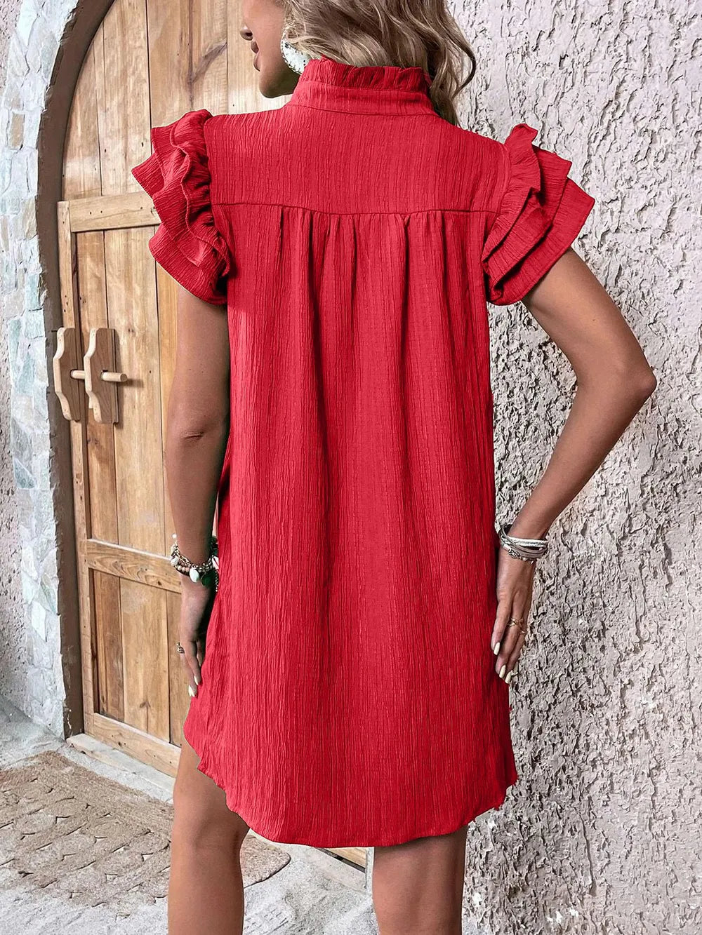 Ruffled Notched Cap Sleeve Mini Dress - Velora