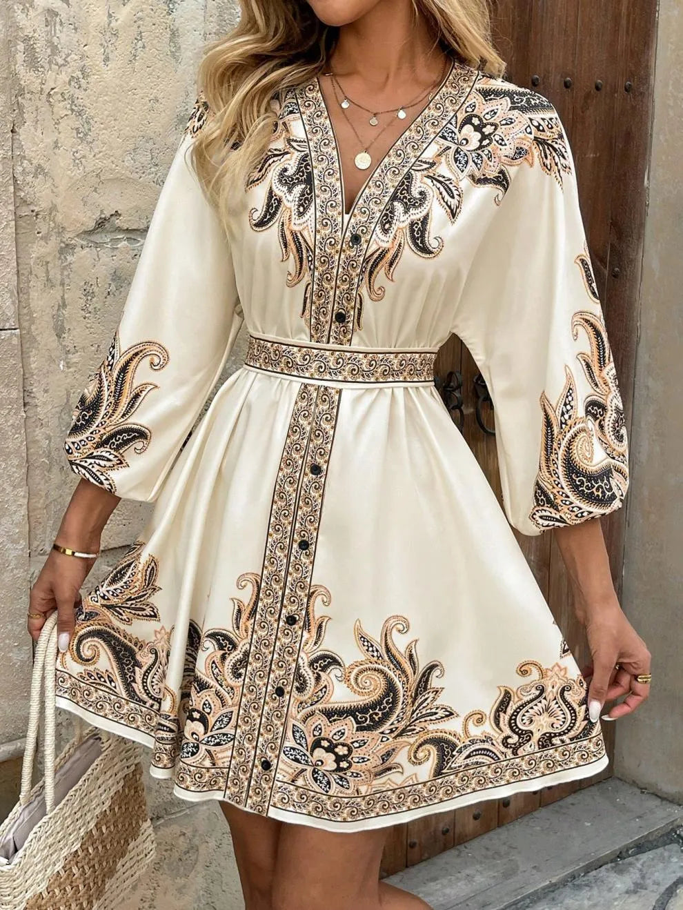 Paisley V-Neck 3/4 Sleeve Mini Dress - Velora