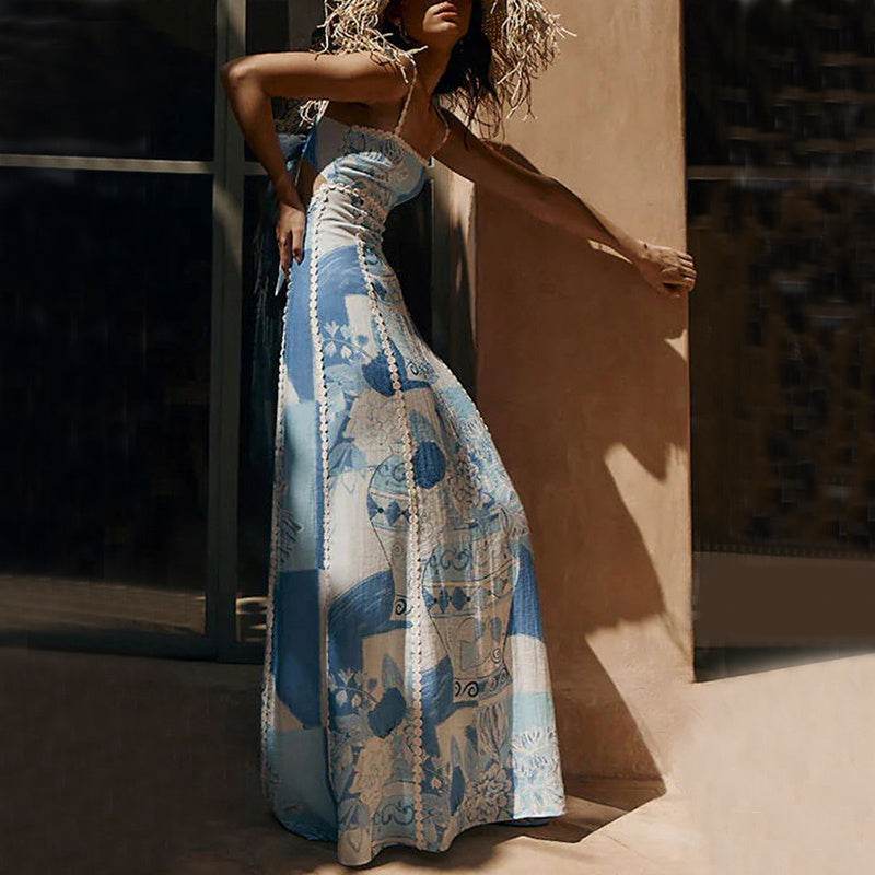 Flower Print Lace Sling Dress Sexy Backless Bow Suspender Long Dresses Womens Clothing - Velora