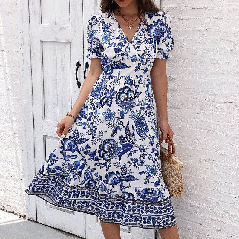 Puff Sleeve dress V Neck Blue Floral Bohemian Midi Dress - Velora