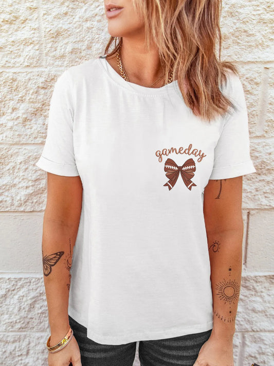 Game Day Bowknot Embroidered Casual Tee - Velora