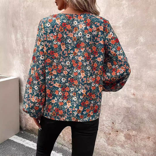 Women's V-neck Lantern Long Sleeve Shirt Autumn casual blouse top - Velora