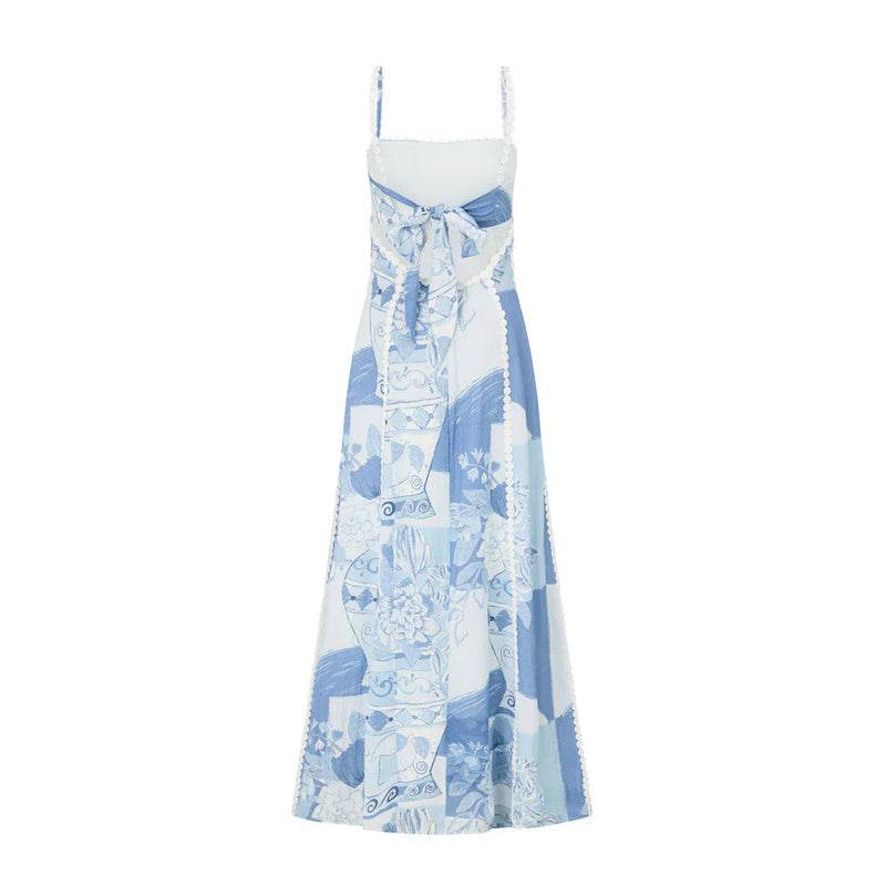 Flower Print Lace Sling Dress Sexy Backless Bow Suspender Long Dresses Womens Clothing - Velora