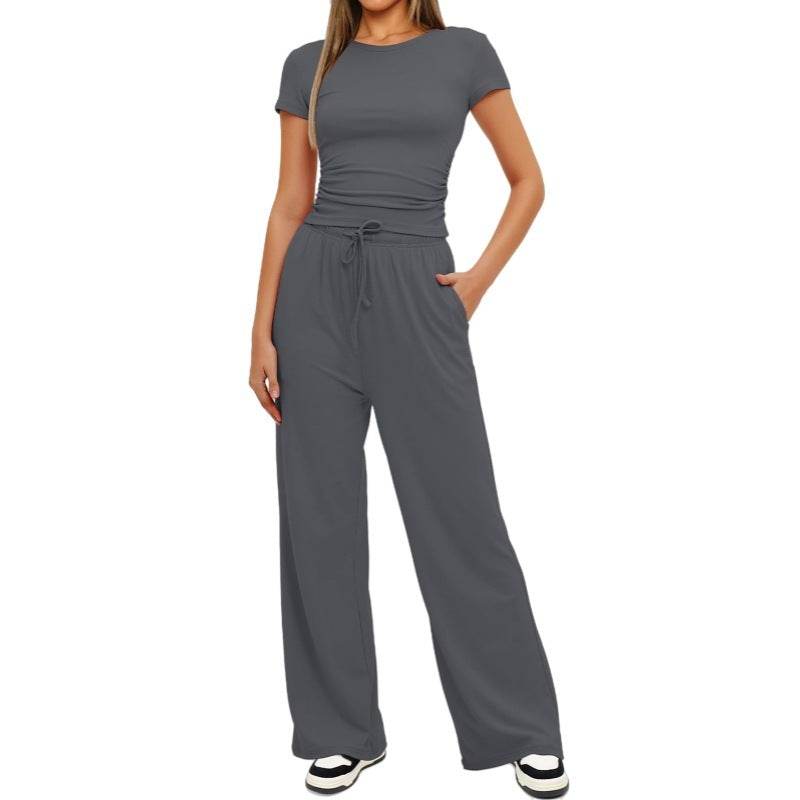 Fashion Casual Set Pleated Short Sleeves Top And Trousers - Velora