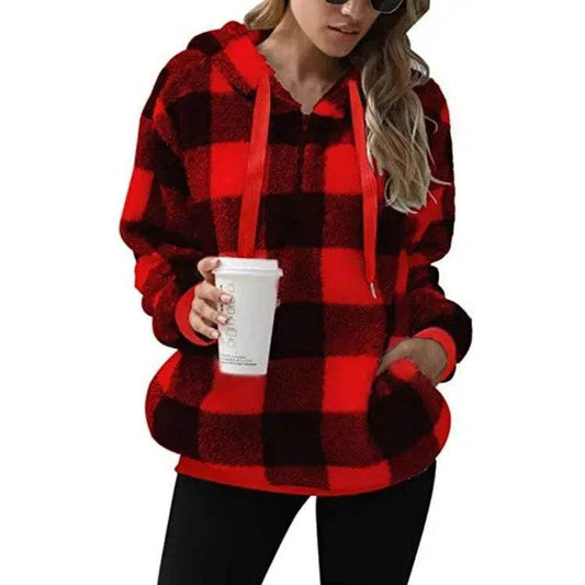 Casual Thick Fleece Plush half zip Plaid Hoodie Pullover top for women - Velora